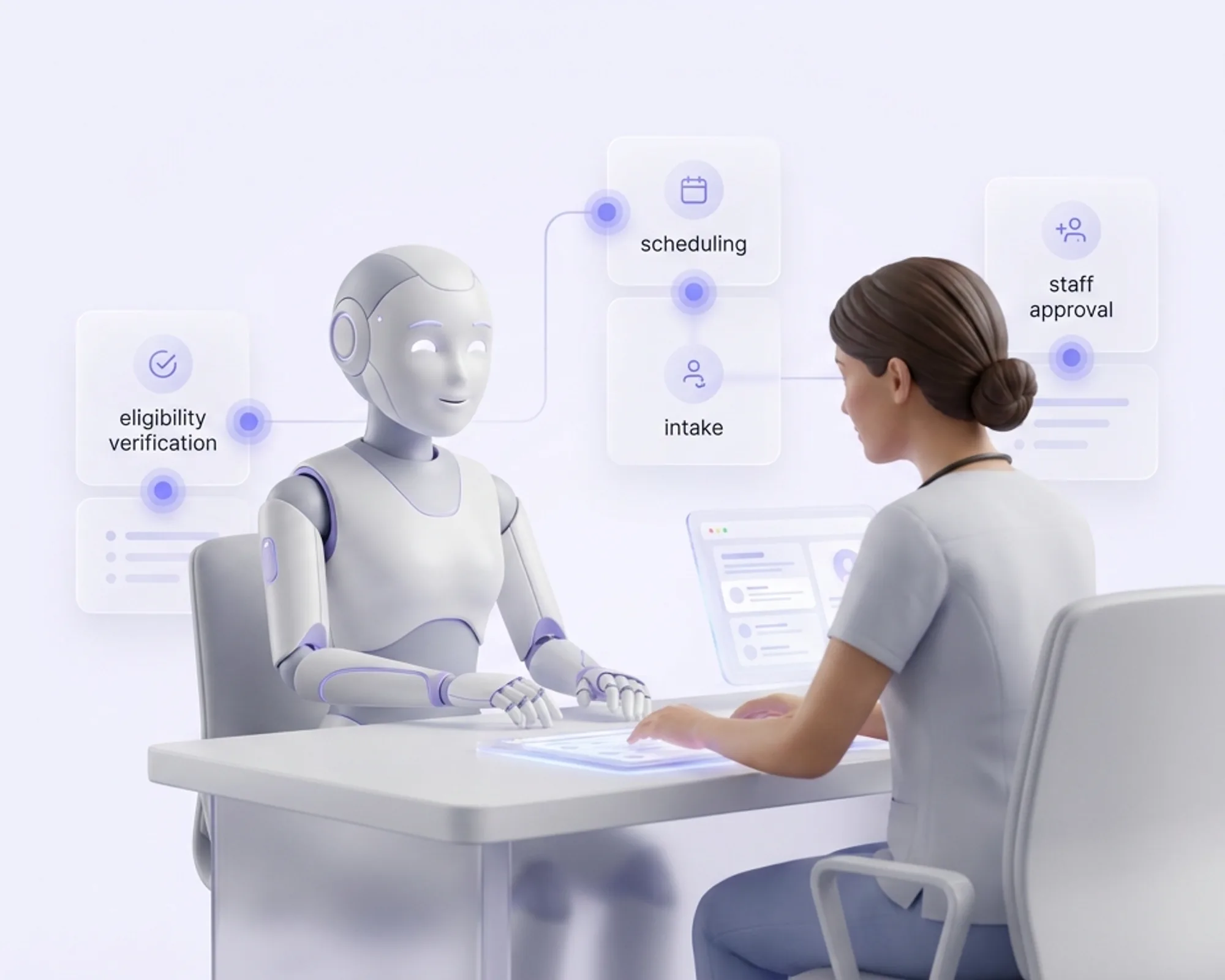 Practice staff member working alongside automated eligibility verification, scheduling and intake steps