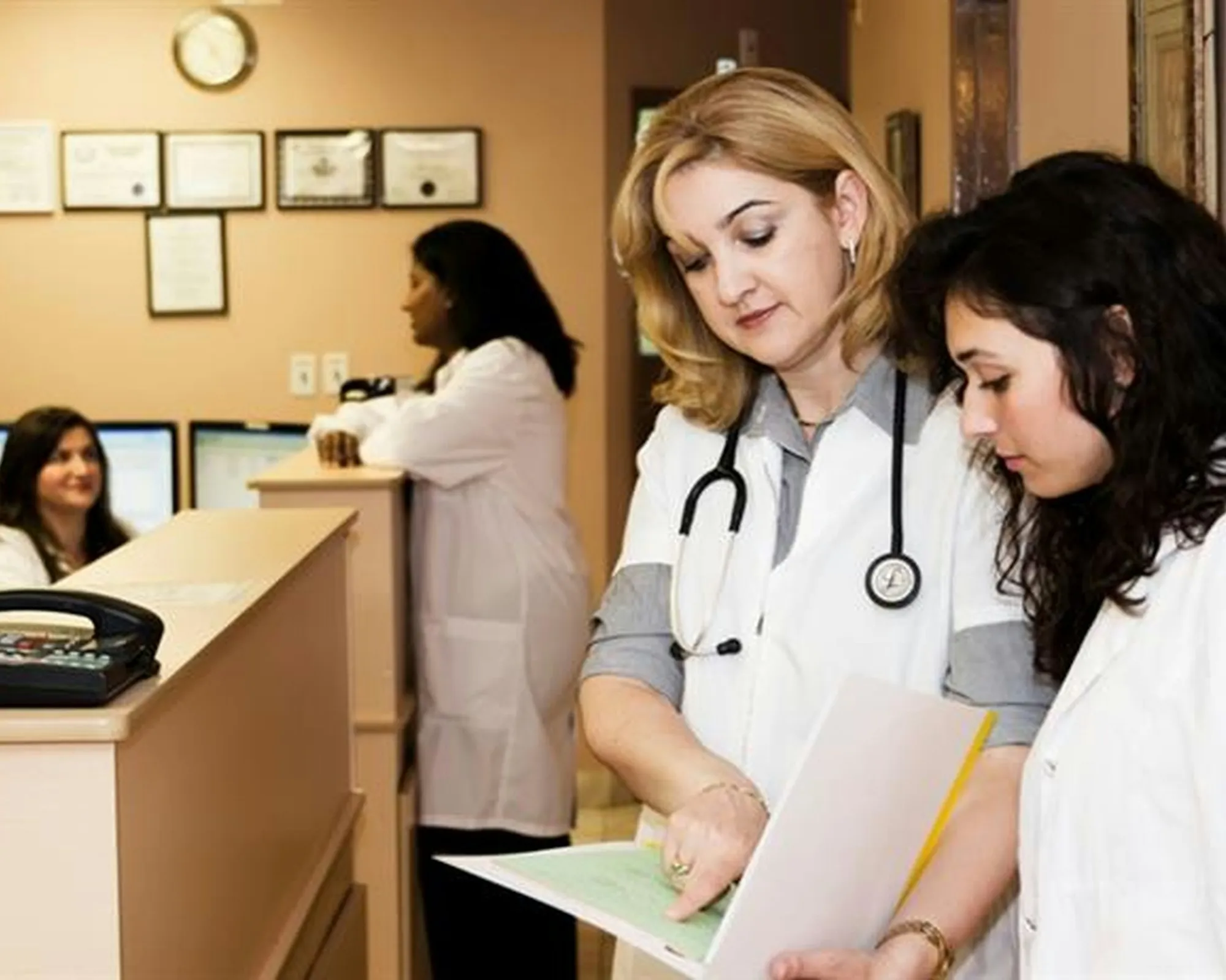 Healthcare staff organizing and reviewing provider credentialing documents
