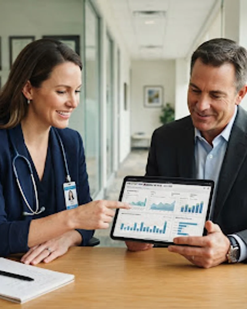 Physician and practice administrator reviewing practice performance results on a tablet in a modern clinic office
